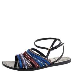 Pre Owned Tory Burch Black Leather Embroidered Strappy Flat Sandals Size 38