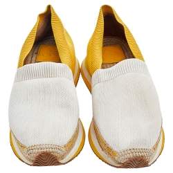 Tory Burch White/Yellow Knit Fabric Daisy Espadrille Slip On Sneakers Size 38.5