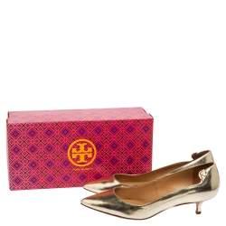 Pre Owned Tory Burch Metallic Gold Leather Pointed Toe Kitten Heel Pumps Size 38