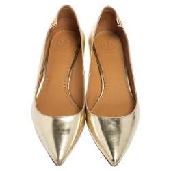 Pre Owned Tory Burch Metallic Gold Leather Pointed Toe Kitten Heel Pumps Size 38