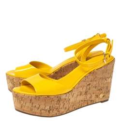 Pre Owned Tory Burch Yellow Patent Leather Dahlia Wedge Sandals Size 37
