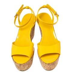 Pre Owned Tory Burch Yellow Patent Leather Dahlia Wedge Sandals Size 37