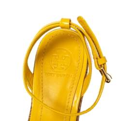 Pre Owned Tory Burch Yellow Patent Leather Dahlia Wedge Sandals Size 37