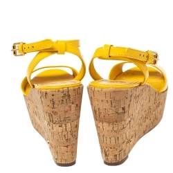 Pre Owned Tory Burch Yellow Patent Leather Dahlia Wedge Sandals Size 37
