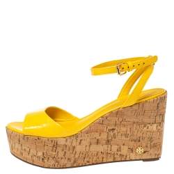 Pre Owned Tory Burch Yellow Patent Leather Dahlia Wedge Sandals Size 37
