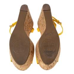 Pre Owned Tory Burch Yellow Patent Leather Dahlia Wedge Sandals Size 37