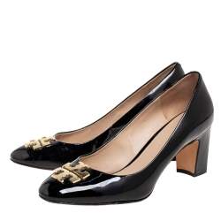 Pre Owned Tory Burch Black Patent Leather Raleigh Buckle Block Heel Pumps Size 39.5