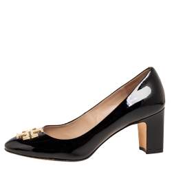 Pre Owned Tory Burch Black Patent Leather Raleigh Buckle Block Heel Pumps Size 39.5