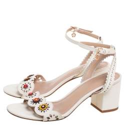 Pre Owned Tory Burch White Cut-Out Leather Floral Appliqué Ankle-Strap Sandals Size 36