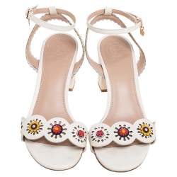 Pre Owned Tory Burch White Cut-Out Leather Floral Appliqué Ankle-Strap Sandals Size 36