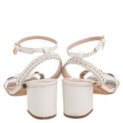 Pre Owned Tory Burch White Cut-Out Leather Floral Appliqué Ankle-Strap Sandals Size 36