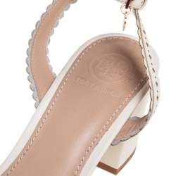 Pre Owned Tory Burch White Cut-Out Leather Floral Appliqué Ankle-Strap Sandals Size 36