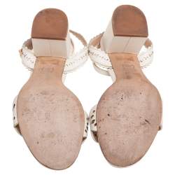 Pre Owned Tory Burch White Cut-Out Leather Floral Appliqué Ankle-Strap Sandals Size 36