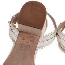 Pre Owned Tory Burch White Cut-Out Leather Floral Appliqué Ankle-Strap Sandals Size 36