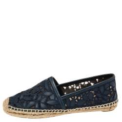 Pre Owned Tory Burch Navy Blue Leather And Net Espadrille Flats Size  36 