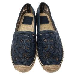 Pre Owned Tory Burch Navy Blue Leather And Net Espadrille Flats Size  36 