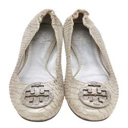 Tory Burch Silver Python Embossed Leather Reva Ballet Flats Size 38.5