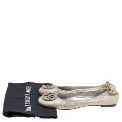 Tory Burch Silver Python Embossed Leather Reva Ballet Flats Size 38.5