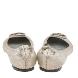 Tory Burch Silver Python Embossed Leather Reva Ballet Flats Size 38.5