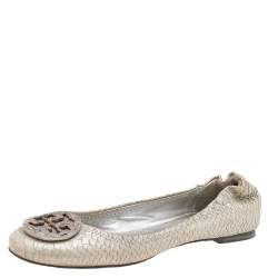 Tory Burch Silver Python Embossed Leather Reva Ballet Flats Size 38.5