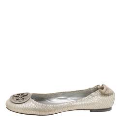 Tory Burch Silver Python Embossed Leather Reva Ballet Flats Size 38.5