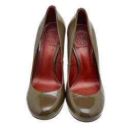 Tory Burch Olive Green Patent Leather Wedge Pumps Size 38