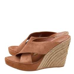 Tory Burch Brown Suede Criss Cross Wedge Platform Slide Sandals Size 39.5