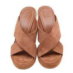 Tory Burch Brown Suede Criss Cross Wedge Platform Slide Sandals Size 39.5