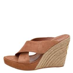 Tory Burch Brown Suede Criss Cross Wedge Platform Slide Sandals Size 39.5