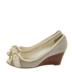Tory Burch Grey/Cream Canvas And Leather Wedge Peep Toe Pumps Size 37.5