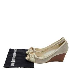 Tory Burch Grey/Cream Canvas And Leather Wedge Peep Toe Pumps Size 37.5