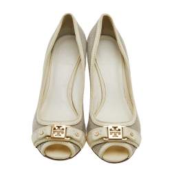 Tory Burch Grey/Cream Canvas And Leather Wedge Peep Toe Pumps Size 37.5