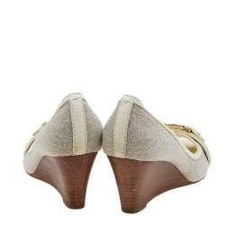 Tory Burch Grey/Cream Canvas And Leather Wedge Peep Toe Pumps Size 37.5