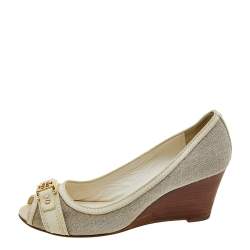 Tory Burch Grey/Cream Canvas And Leather Wedge Peep Toe Pumps Size 37.5