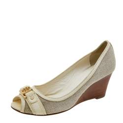 Tory Burch Grey/Cream Canvas And Leather Wedge Peep Toe Pumps Size 37.5