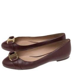 Pre Owned Tory Burch Burgundy Leather Bow Ballet Flats Size 38