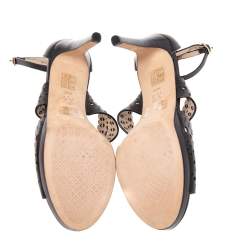 Tory Burch Black Laser Cut Scalloped Trim Leather Platform Ankle Strap Sandals Size 40