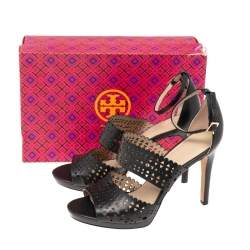 Tory Burch Black Laser Cut Scalloped Trim Leather Platform Ankle Strap Sandals Size 40