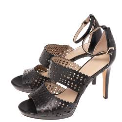Tory Burch Black Laser Cut Scalloped Trim Leather Platform Ankle Strap Sandals Size 40