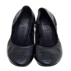 Pre Owned Tory Burch Black Leather Cap Toe Scrunch Ballet Flats Size 40