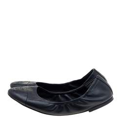 Pre Owned Tory Burch Black Leather Cap Toe Scrunch Ballet Flats Size 40