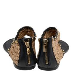 Pre Owned صندل بإصبع توري برش فلات جلد ورافيا أسود/ بيج مقاس 38