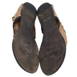 Pre Owned صندل بإصبع توري برش فلات جلد ورافيا أسود/ بيج مقاس 38