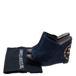 Pre Owned Tory Burch Blue Denim Studded Wedges Mules Size 37
