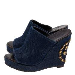 Pre Owned Tory Burch Blue Denim Studded Wedges Mules Size 37