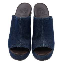 Pre Owned Tory Burch Blue Denim Studded Wedges Mules Size 37
