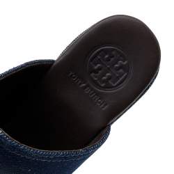 Pre Owned Tory Burch Blue Denim Studded Wedges Mules Size 37