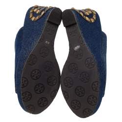 Pre Owned Tory Burch Blue Denim Studded Wedges Mules Size 37