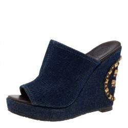 Pre Owned Tory Burch Blue Denim Studded Wedges Mules Size 37