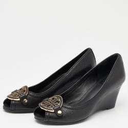 Pre Owned حذاء كعب عالي توري برش أماندا جلد أسود نعل روكي مقدمة مفتوحة مقاس 37.5